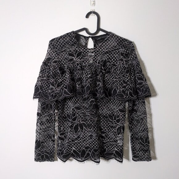 Zara Tops - Zara Long Sleeve Lace Top XS Goth Floral Shoulder Overlay Black White Romantic